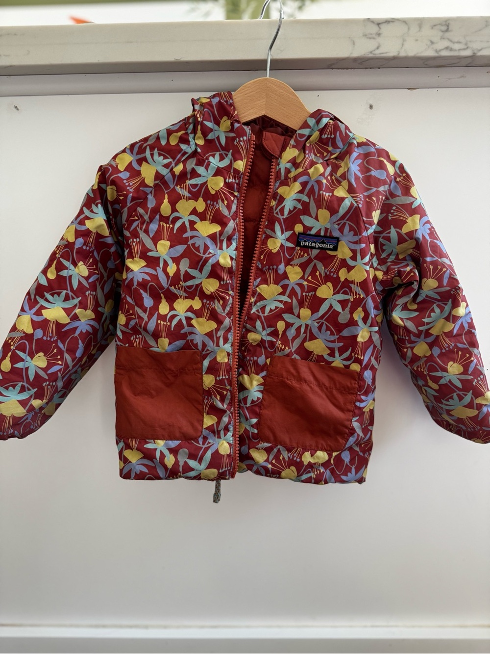 Patagonia Kids Maroon Floral Puffer Jacket with Yellow & Blue Accents